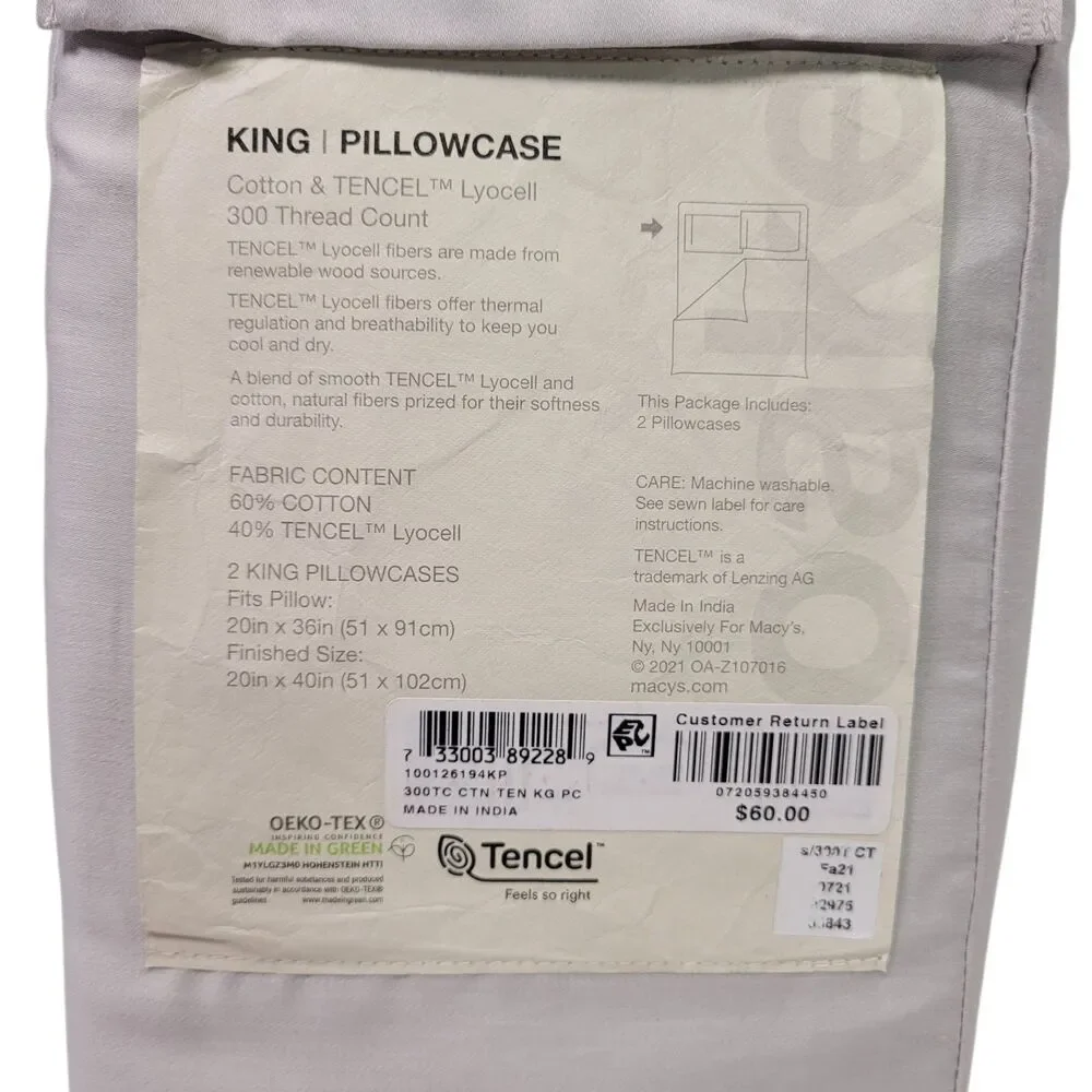 Oake Cotton & Tencel Lyocell 300 Thread Count 2-Piece KING Pillowcase Light Grey